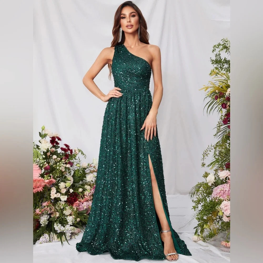 Emerald Green Asymmetrical Sequin Gown for Prom